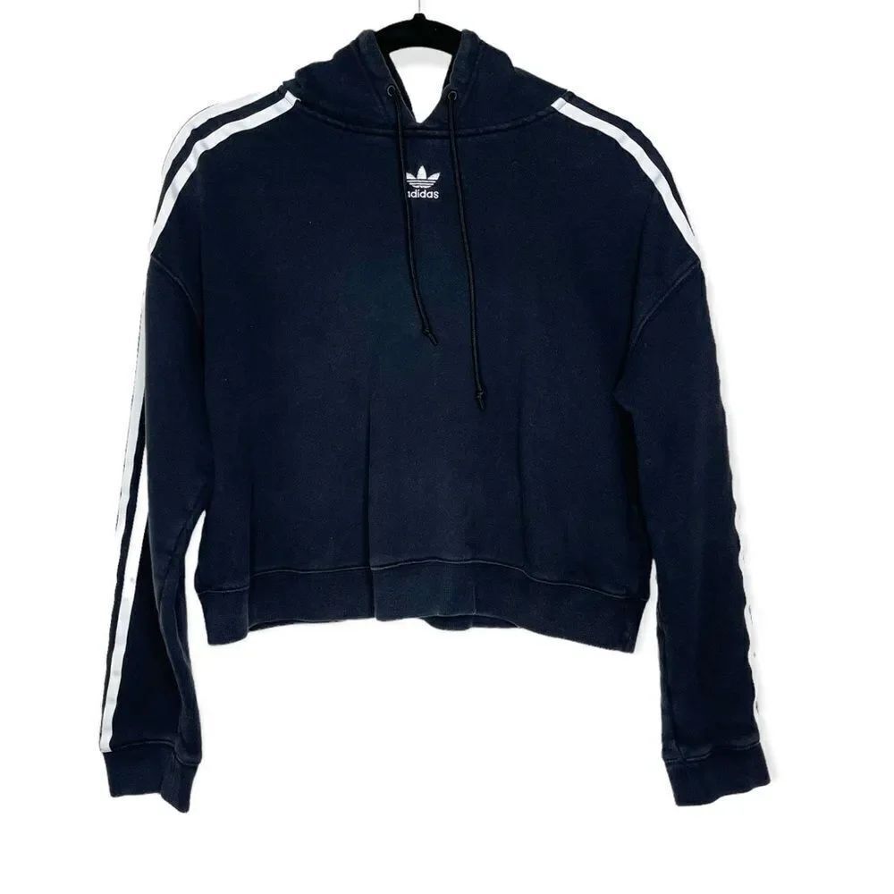 Adidas Black With White Three Stripes Logo Cropped Hooded Sweatshirt Size Small